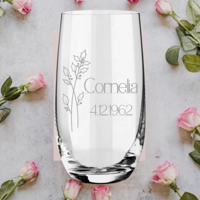 Personalisiertes Trinkglas mit Geburtstagsblumen-Gravur Einzigartiges Geschenk mit Geburtsblume,
