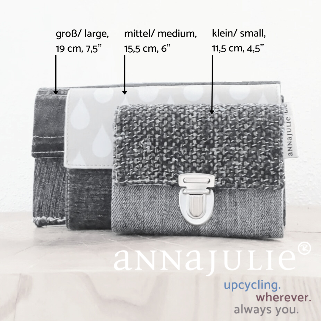 Upcycling-Portemonnaie | 19 cm/ 7,5 breit | Jeans | blau | Sakkostoff | braun | kariert | innen