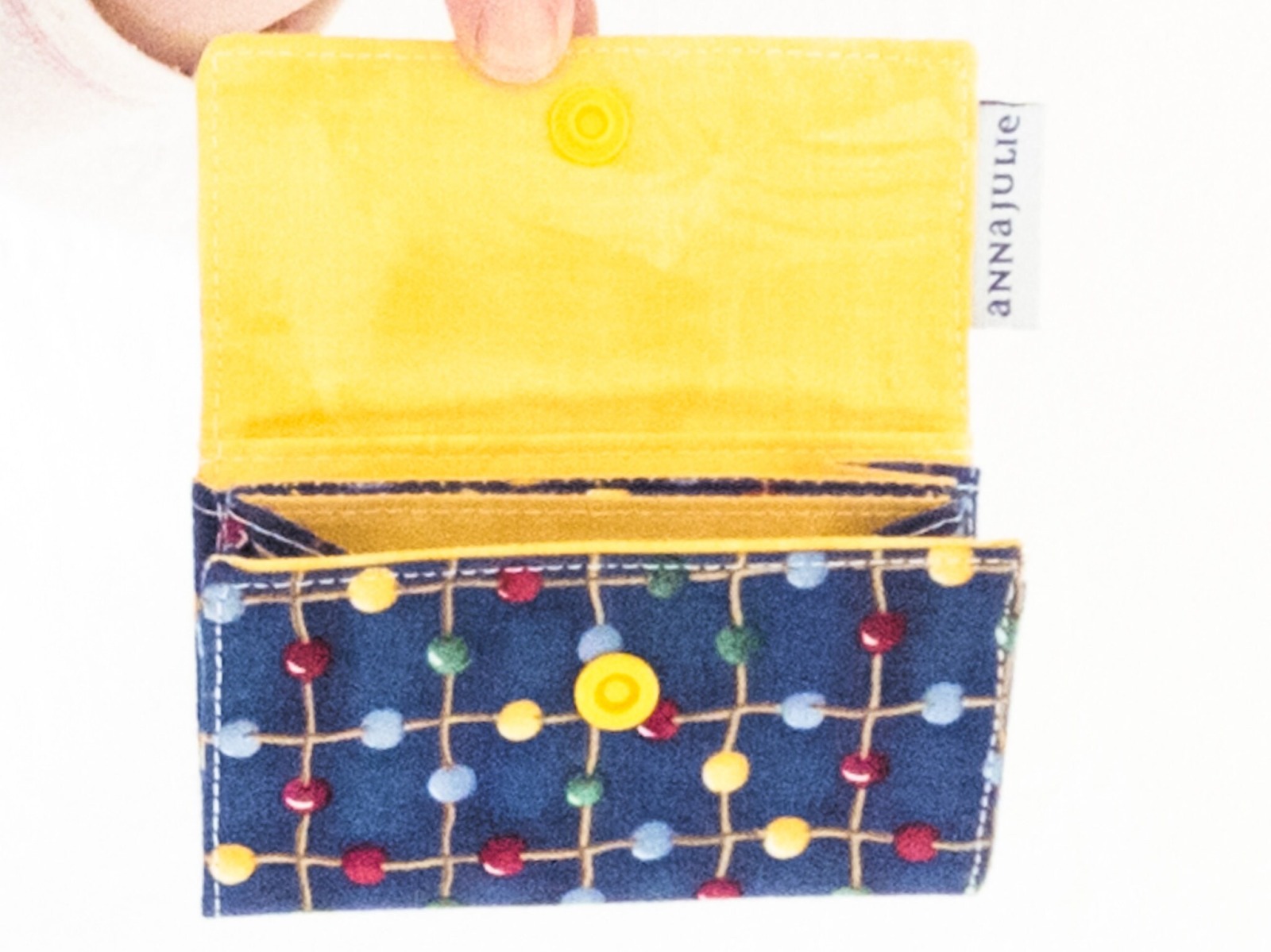 Geldbörse | mini | blaue Baumwolle | bunte Punkte | innen gelb und blau | Geschenk Einschulung 4
