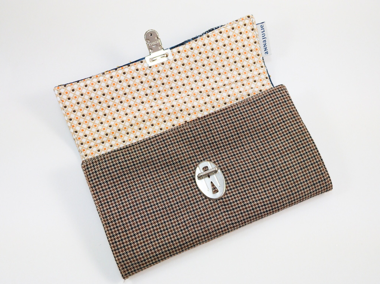 Upcycled wallet | 19 cm/ 7.5 wide | jeans | blue | jacket fabric | brown | checkered | beige inside