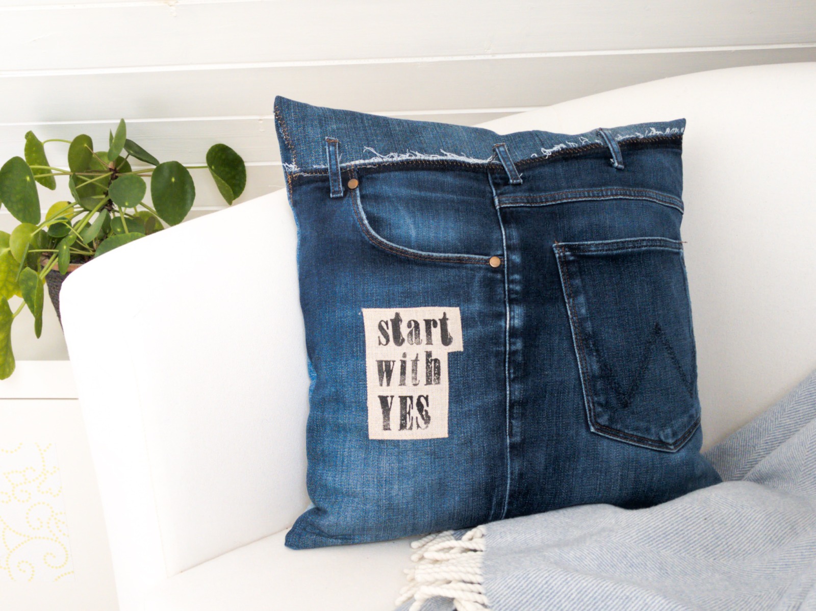 Upcycling cushion cover | jeans | 40 cm/ 15.75 | square | statement start with yes | stamped |