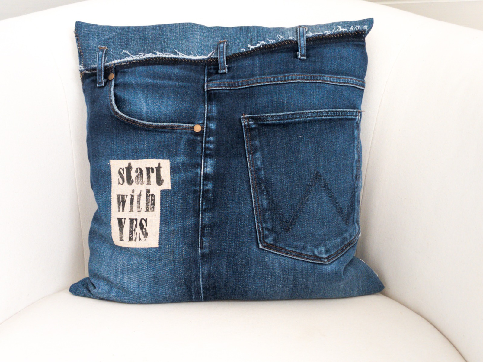 Upcycling cushion cover | jeans | 40 cm/ 15.75 | square | statement start with yes | stamped |