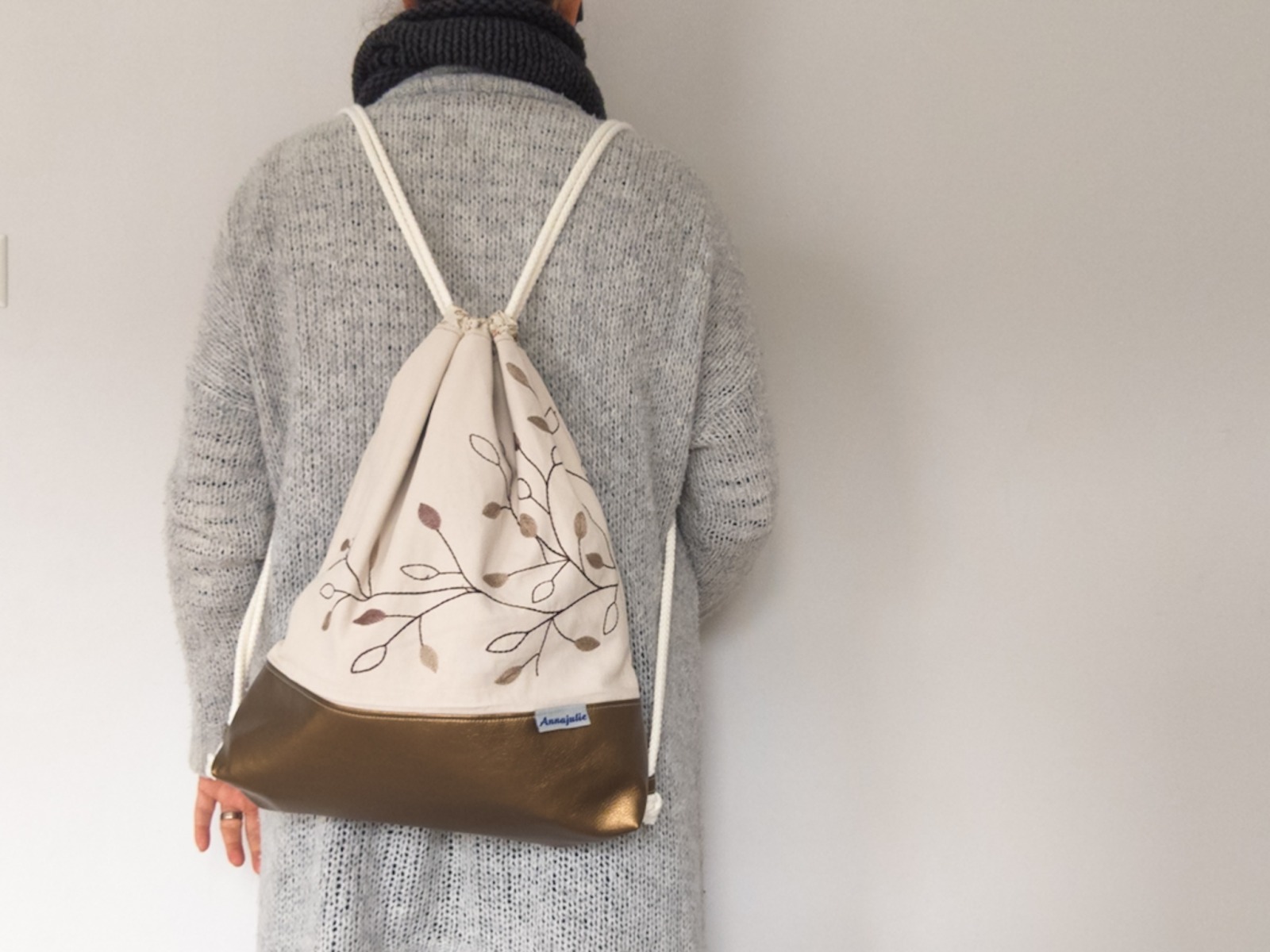 Drawstring bag | backpack | upcycling | faux leather | beige and brass-colored | gift for her