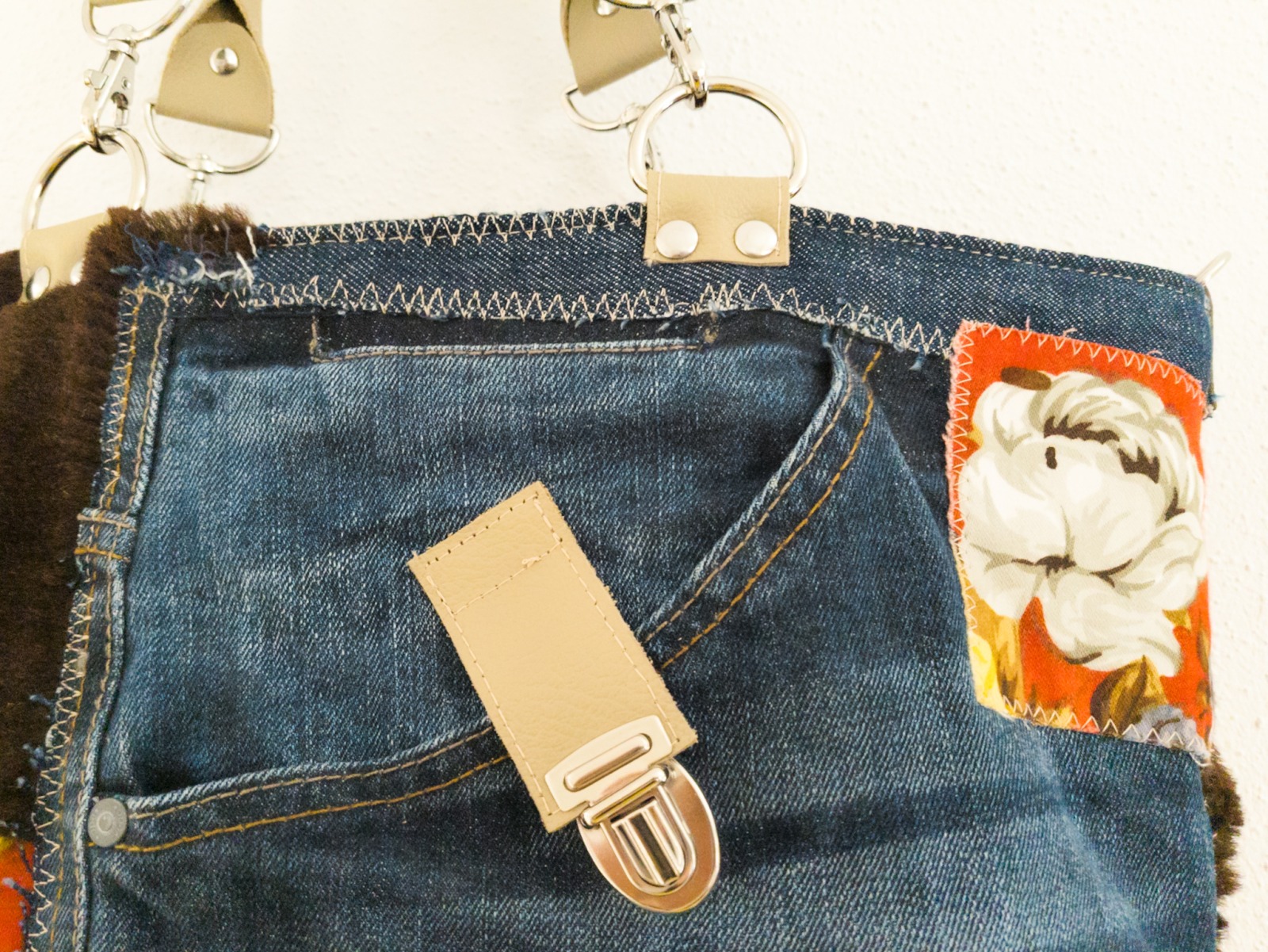 Shoulder bag | upcycling | red | flowers | jeans | blue | plush | dark brown | leather bottom |