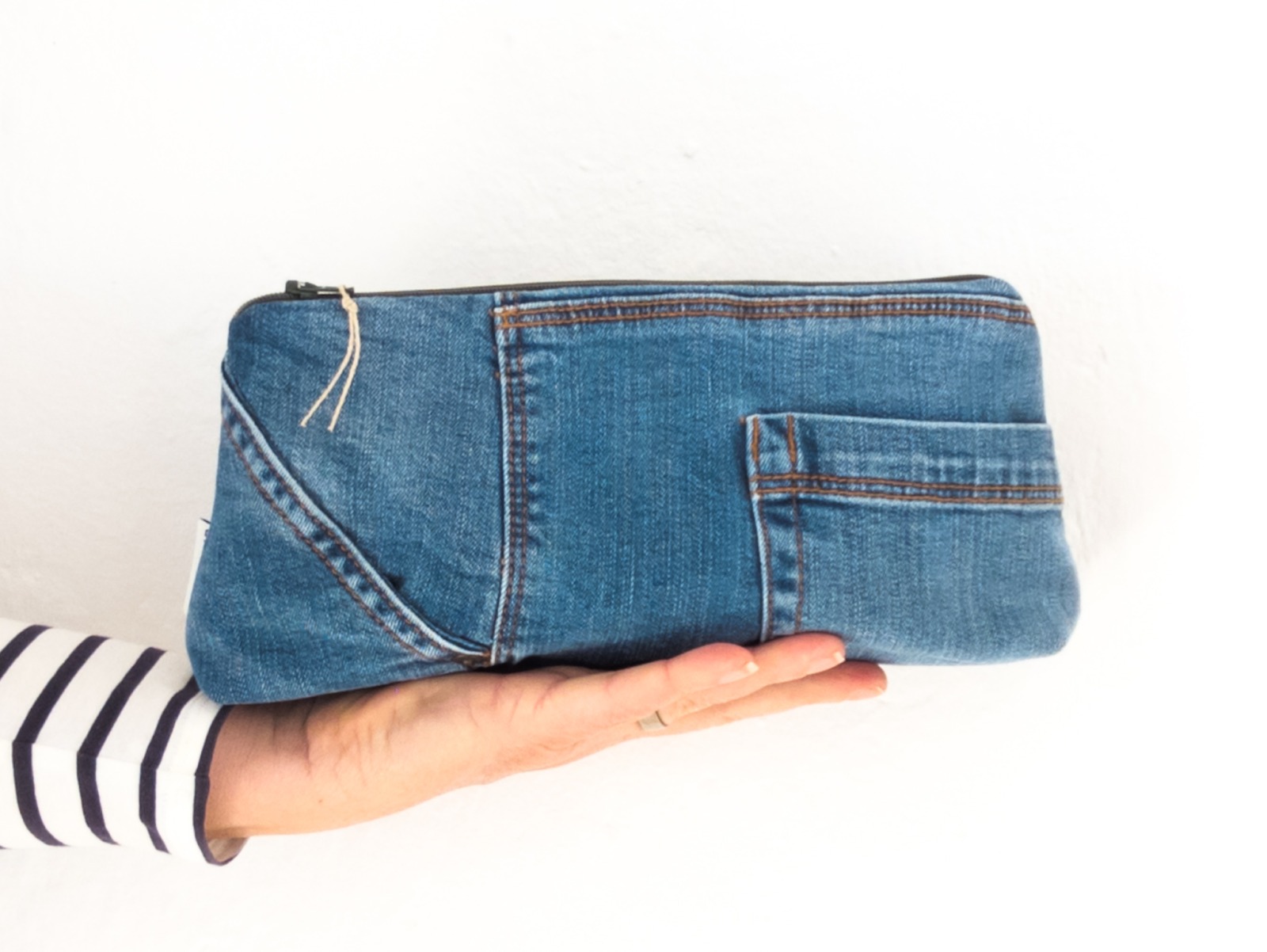 Pencil case | 25 cm/ 9,8 long | jeans | upcycling | zipper | walking office | gift for him | cotton