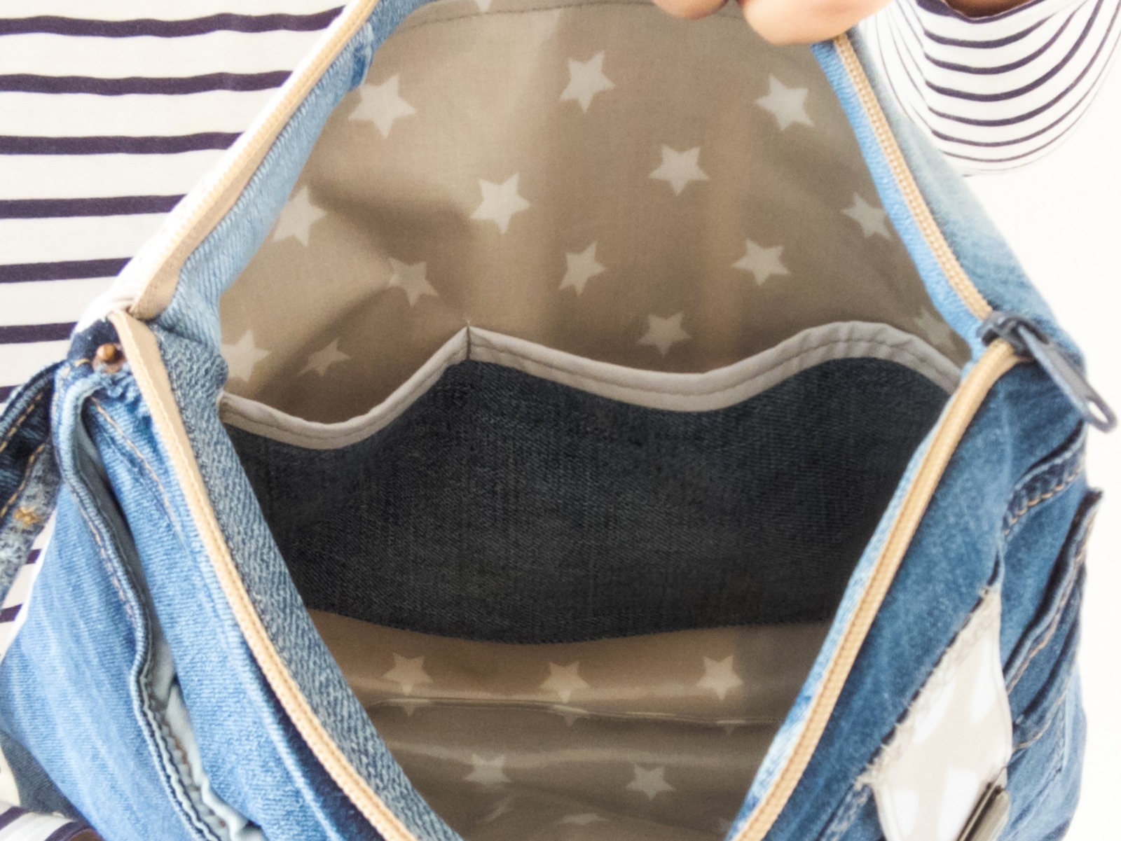 Maxi-Kulturtasche | Jeans | blau | Baumwollhose | creme | Taschen außen | Wachstuch innen | Sterne