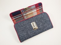 Portemonnaie | 19 cm/ 7,5 breit | Tweed | blau | Paspel | dunkelrot | innen Vintagestoff | kariert |