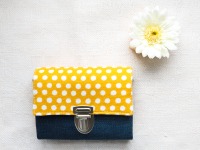 Portemonnaie | 11,5 cm/ 4,5 breit | Dekostoff | gelb| Punkte| blaue Jeans | innen Punkte und Sonne |