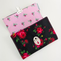 Wallet | 15.5 cm/ 6 wide | apron fabric | vintage | red roses | pink | inside roses and dots|