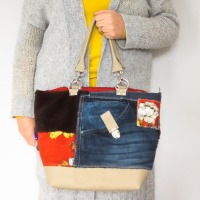 Shoulder bag | upcycling | red | flowers | jeans | blue | plush | dark brown | leather bottom |