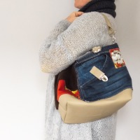 Shoulder bag | upcycling | red | flowers | jeans | blue | plush | dark brown | leather bottom |