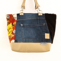 Shoulder bag | upcycling | red | flowers | jeans | blue | plush | dark brown | leather bottom |