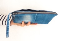 Kulturtasche | Jeans | Nieten | Patchworklook | Taschen außen | graues Taschenfutter | Baumwolle |