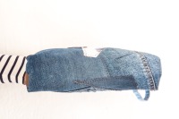 Kulturtasche | Jeans | Kunstleder | Patchworklook | Tasche außen | gestreiftes Taschenfutter |