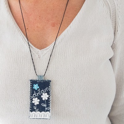 Amulet | jeans | lace | dream | flower | turquoise | acrylic | variable length, gift for her - Denim