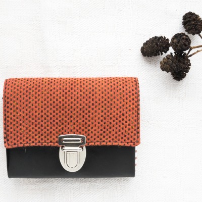 Wallet | 11.5 cm/ 4.5 wide | upholstery fabric | rust red | leather | black-brown | striped and