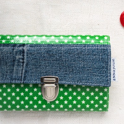 Wallet | 15.5 cm/ 6 wide | oilcloth | green with stars | jeans | dots and stars inside |