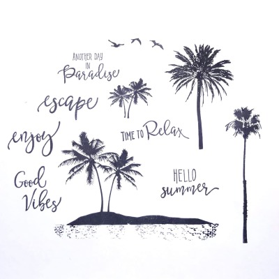 Stempelset, transparente Silikonstempel, Clearstamps Sommer Strand Palmen Spruch Motivstempel,