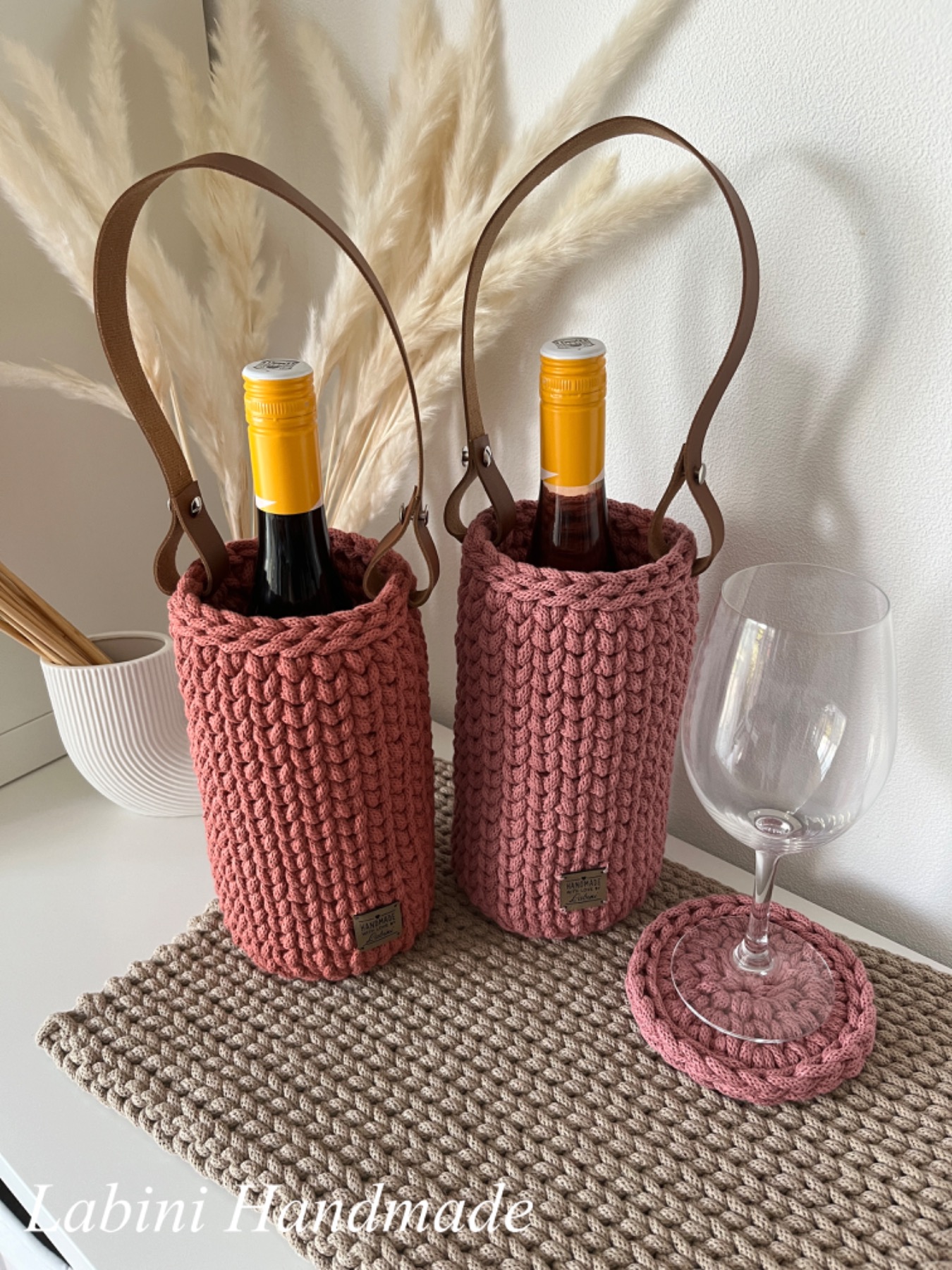 Geschenke-Set Gehäkelte Wein- und Sektflaschentasche 5