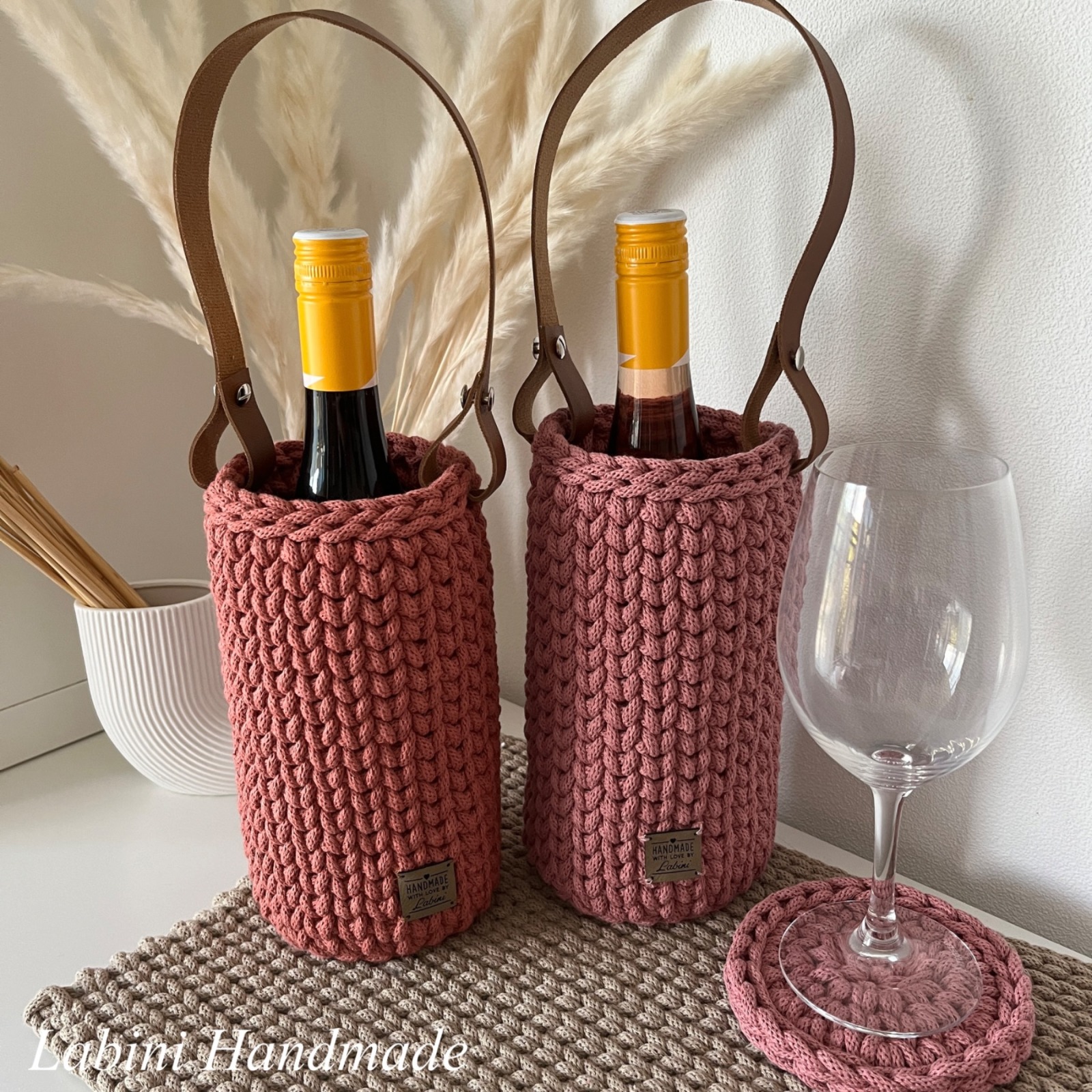 Geschenke-Set Gehäkelte Wein- und Sektflaschentasche 3