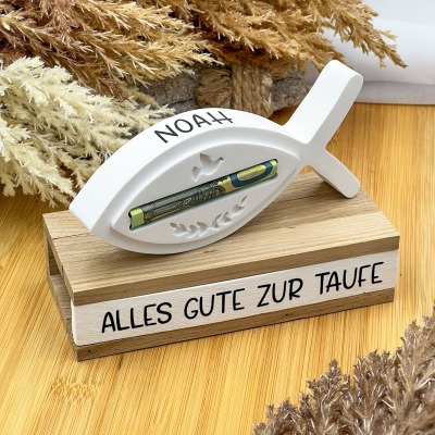 Hochwertiger Tauffisch aus Keramik auf Eichenholztablett - Ideale Geschenkidee Taufe - Geldgeschenk