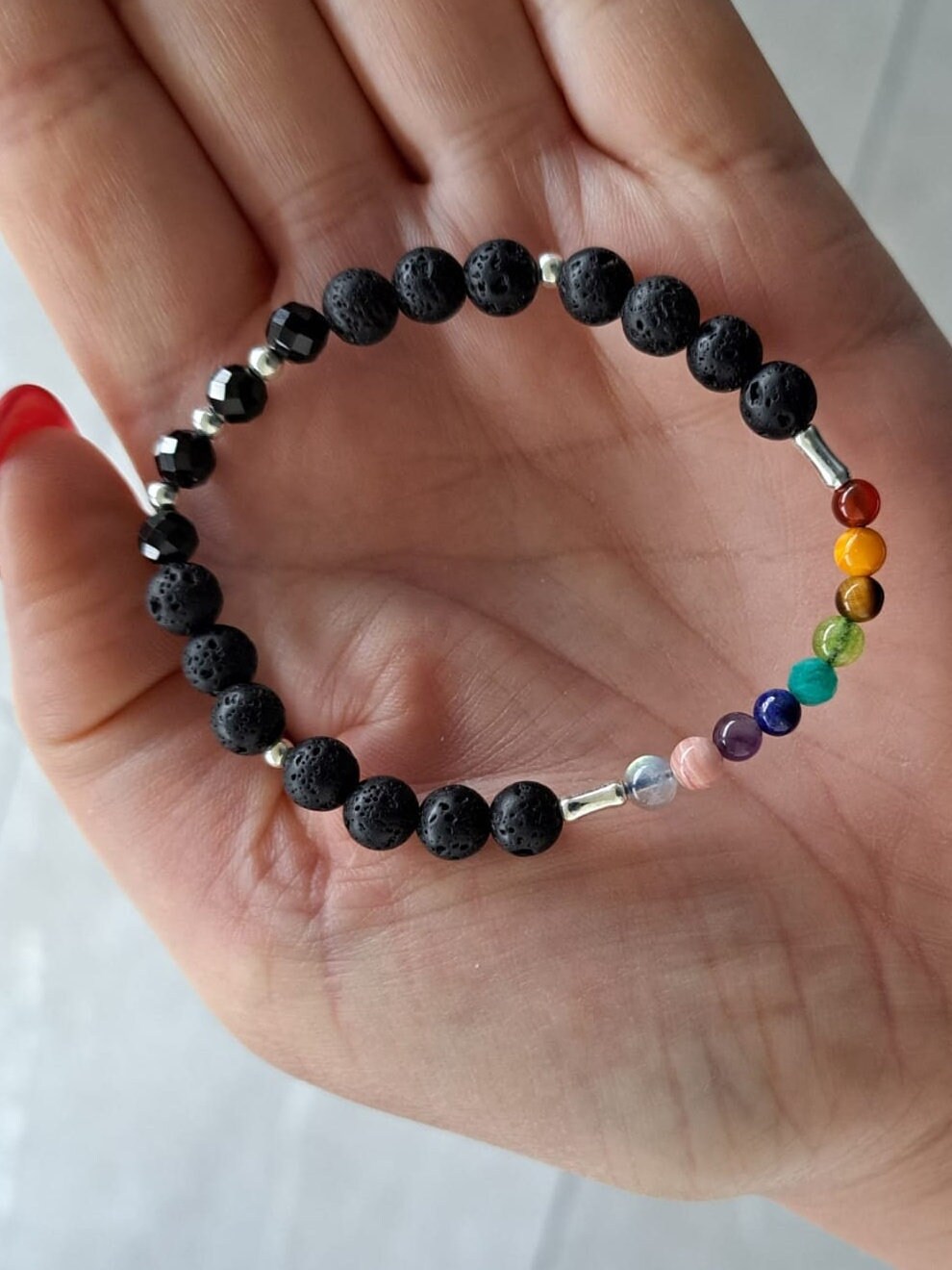 Chakra Lavastein Armband mit S925 Silberschmuck und facettiertem Turmalin, Geschenk für jeden