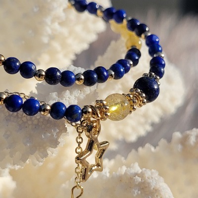 Lapislazuli &amp; Citrin Schmucksteinkette, mehrlagiges Armband, 3.5mm Perlen mit kleinen goldenen