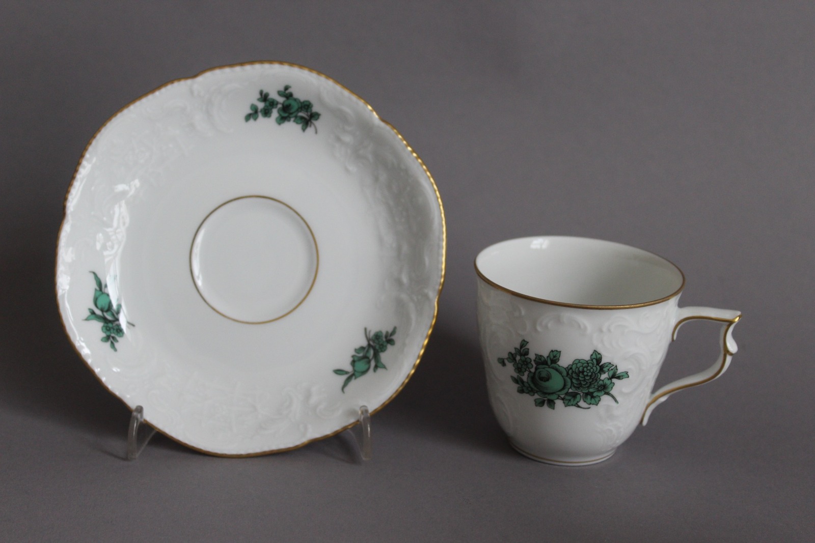 Rosenthal Sanssouci Kaffeetasse &amp; Untertasse Grüne Blume Weiß mit Goldrand 2