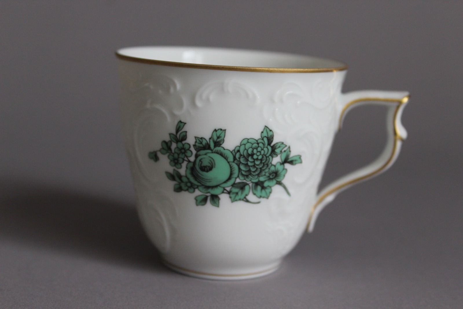 Rosenthal Sanssouci Kaffeetasse &amp; Untertasse Grüne Blume Weiß mit Goldrand 4