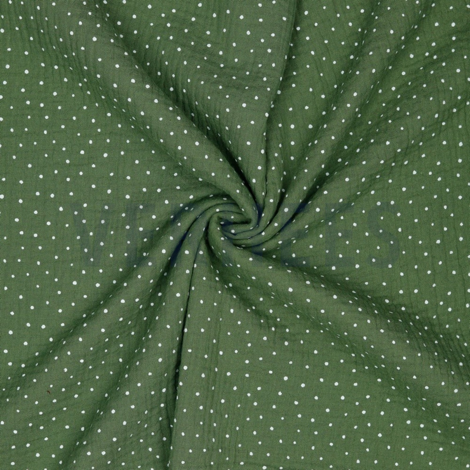 Musselin 960 EUR/m khaki grün mit kleinen weißen Punkten Double Gauze Windelstoff Stoff Meterware