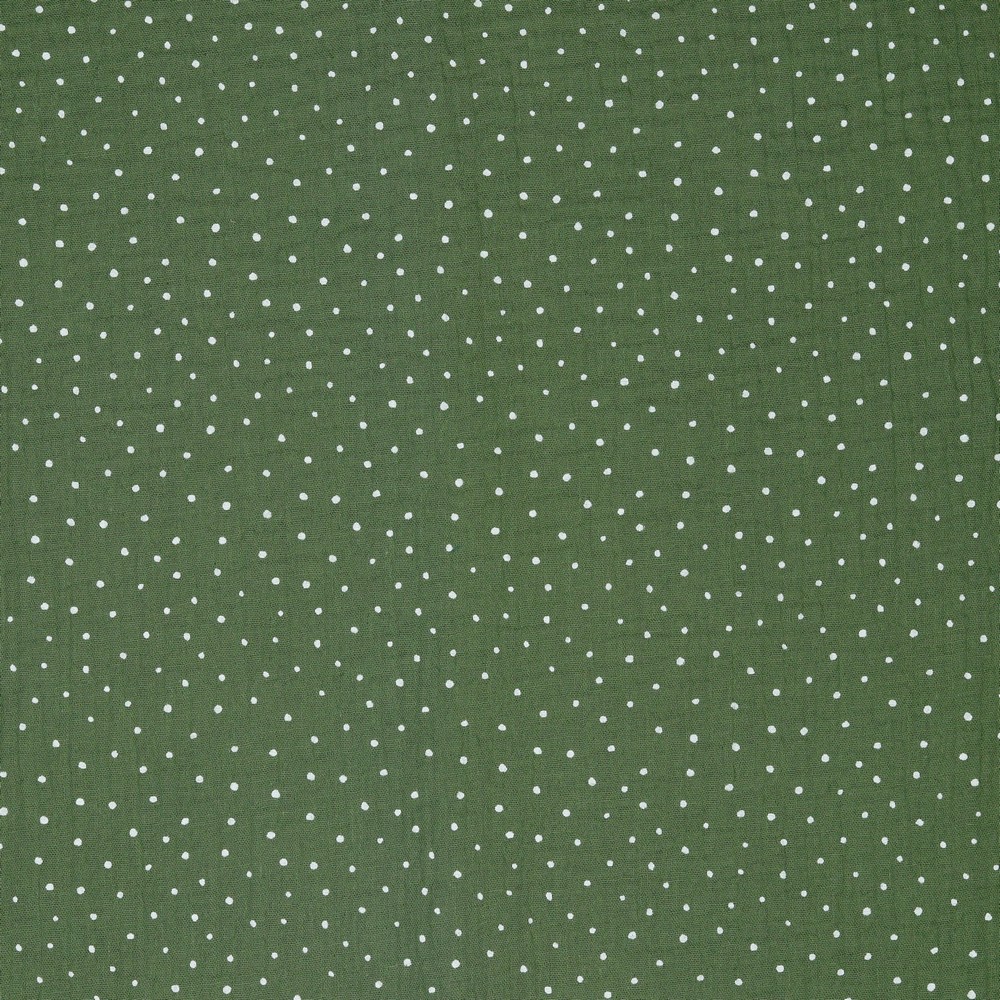 Musselin 9,60 EUR/m khaki grün mit kleinen weißen Punkten, Double Gauze Windelstoff, Stoff