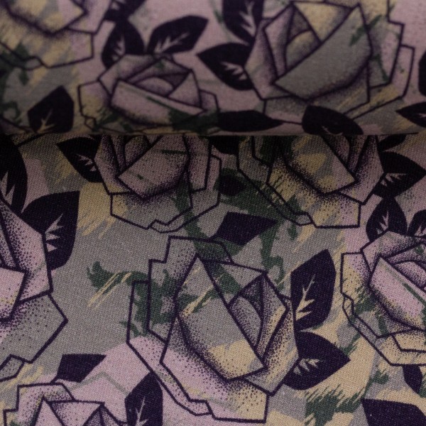 Sweat 1840 EUR/m Rosen mit Camouflage Hintergrund altrosa flieder lila angeraut Rosie Swafing Meterware 4