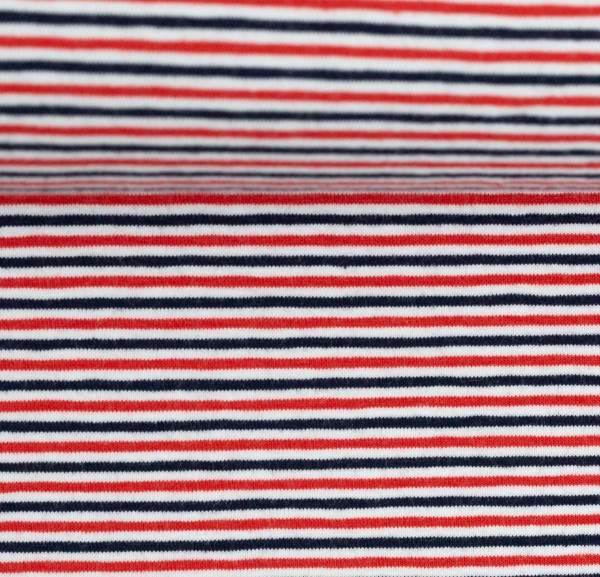 Jersey 14,40 EUR/m Ringel rot blau weiß, Gala, 2 mm Streifen, Baumwolljersey gestreift,
