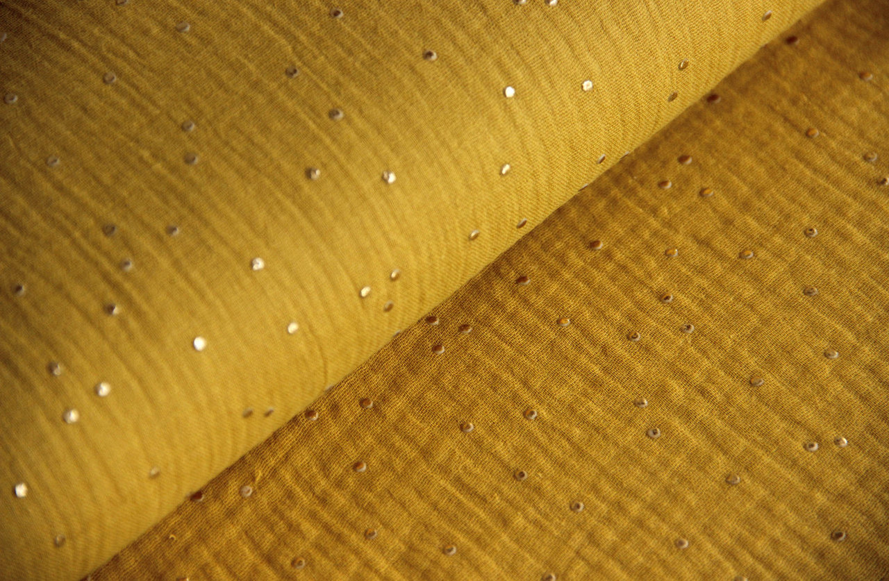 Musselin senfgelb mit gold Double Gauze Windelstoff senf mit goldenen Punkten Stoff Meterware