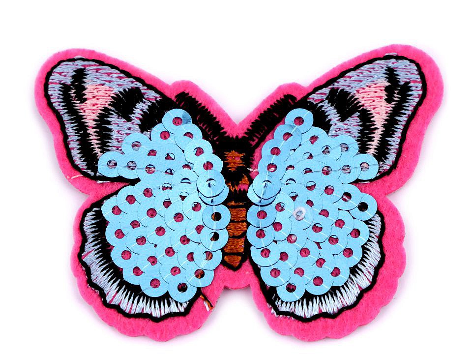 Aufbügler Schmetterling pink hellblau mit Pailletten 5 x 65 cm groß