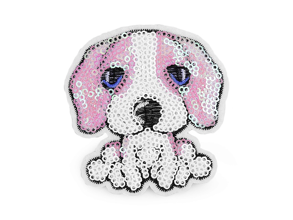 Aufbügler Hund weiß rosa mit Pailletten, 7 x 7,5 cm groß