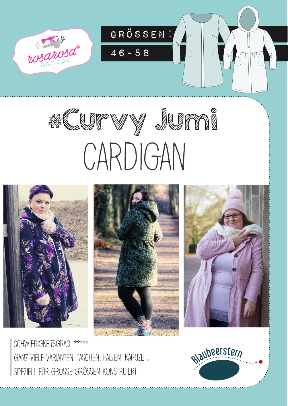 Curvy Jumi Cardigan von rosarosa - Schnittmuster Größe 46 - 58 Papierschnitt / Papierschnittmuster