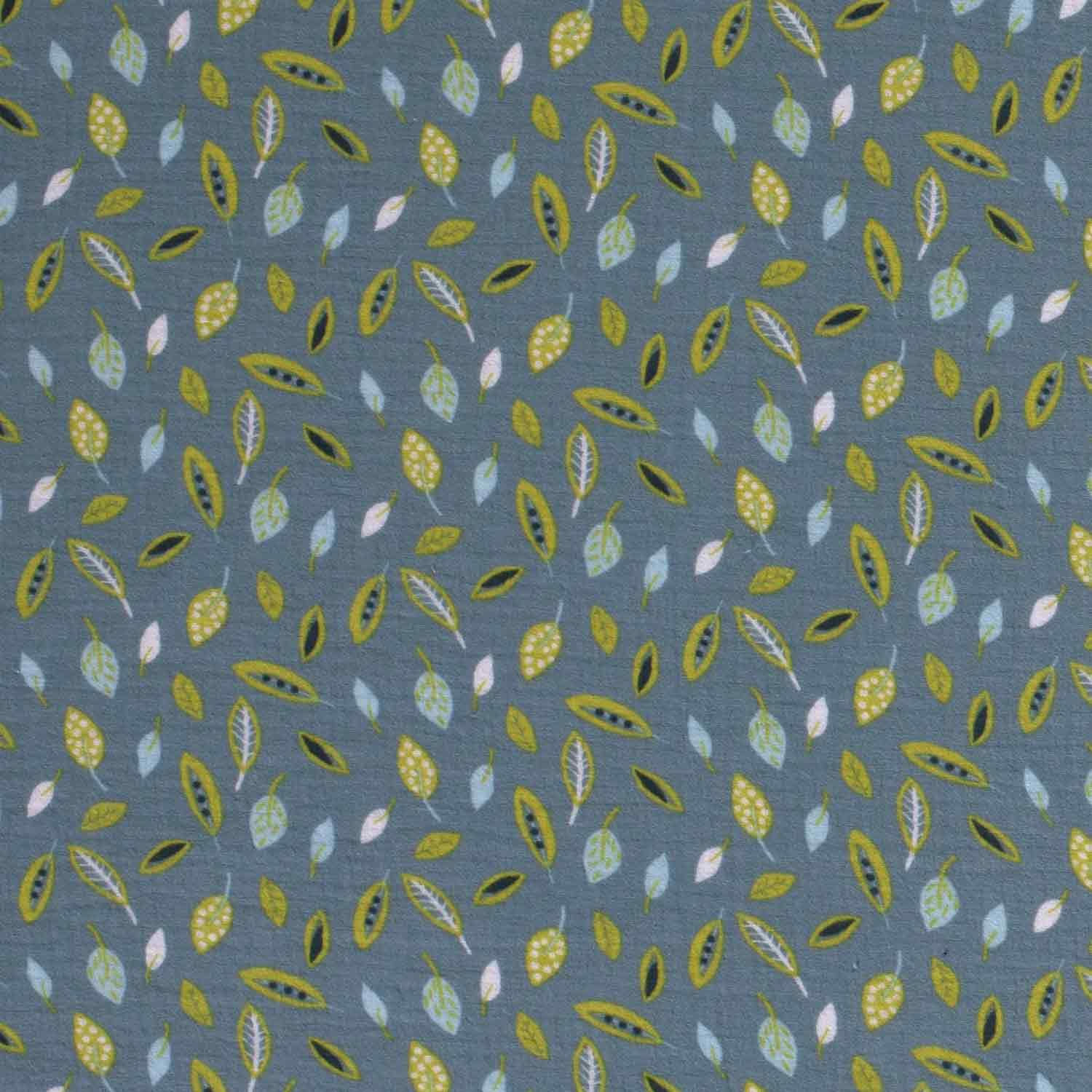 Musselin 1440 EUR/m dunkle minze - bedruckt mit Blättern in lime hellblau und weiß - Stoffe Meterw
