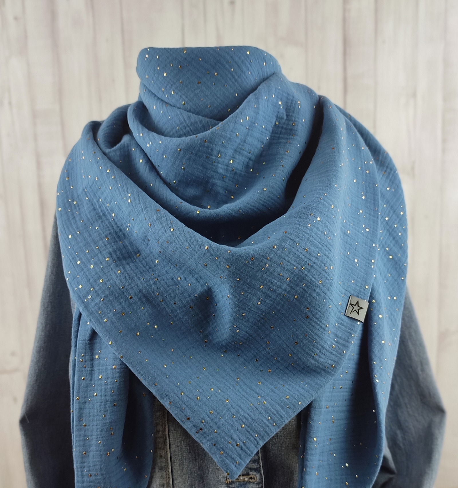 Tuch Dreieckstuch Musselin jeansblau mit Tupfen in gold Schal für Damen XXL Tuch aus Baumwolle Mama