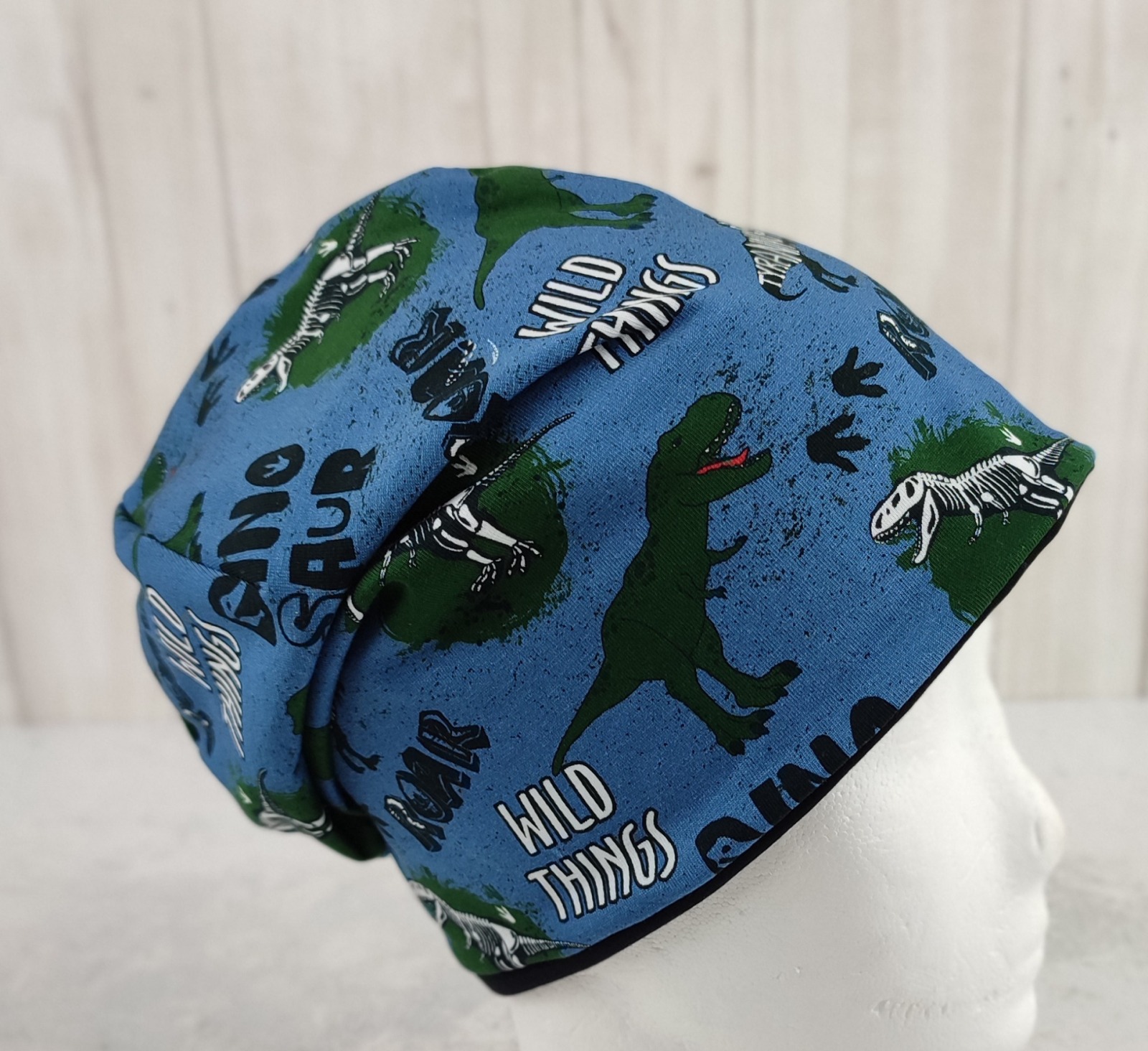 Beanie Dinosaurier - coole Mütze für Kinder mit Dinos auf Jersey in jeansblau Größe ca 48 - 54 cm Kopfumfang 2