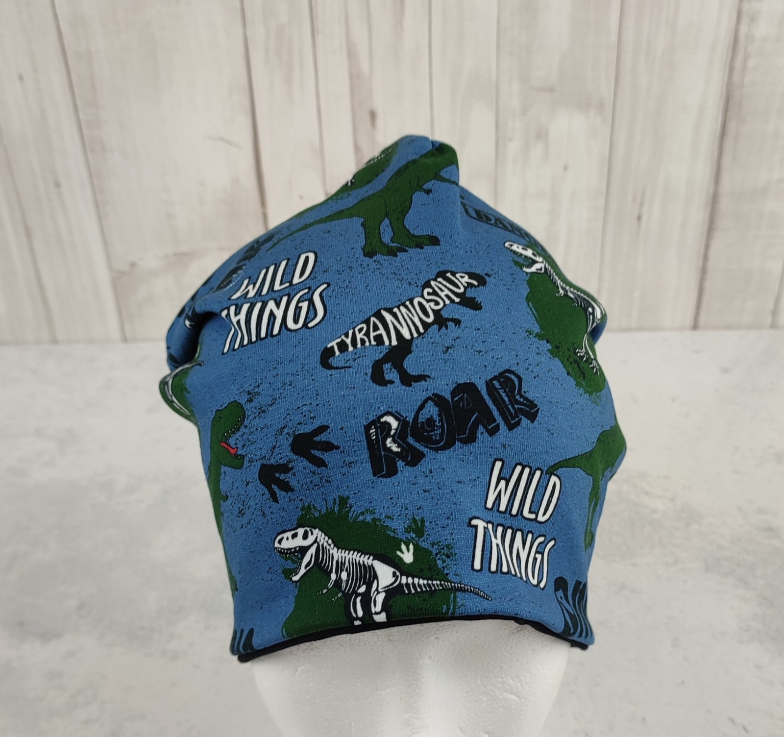 Beanie Dinosaurier - coole Mütze für Kinder mit Dinos auf Jersey in jeansblau Größe ca 48 - 54 cm Kopfumfang 3