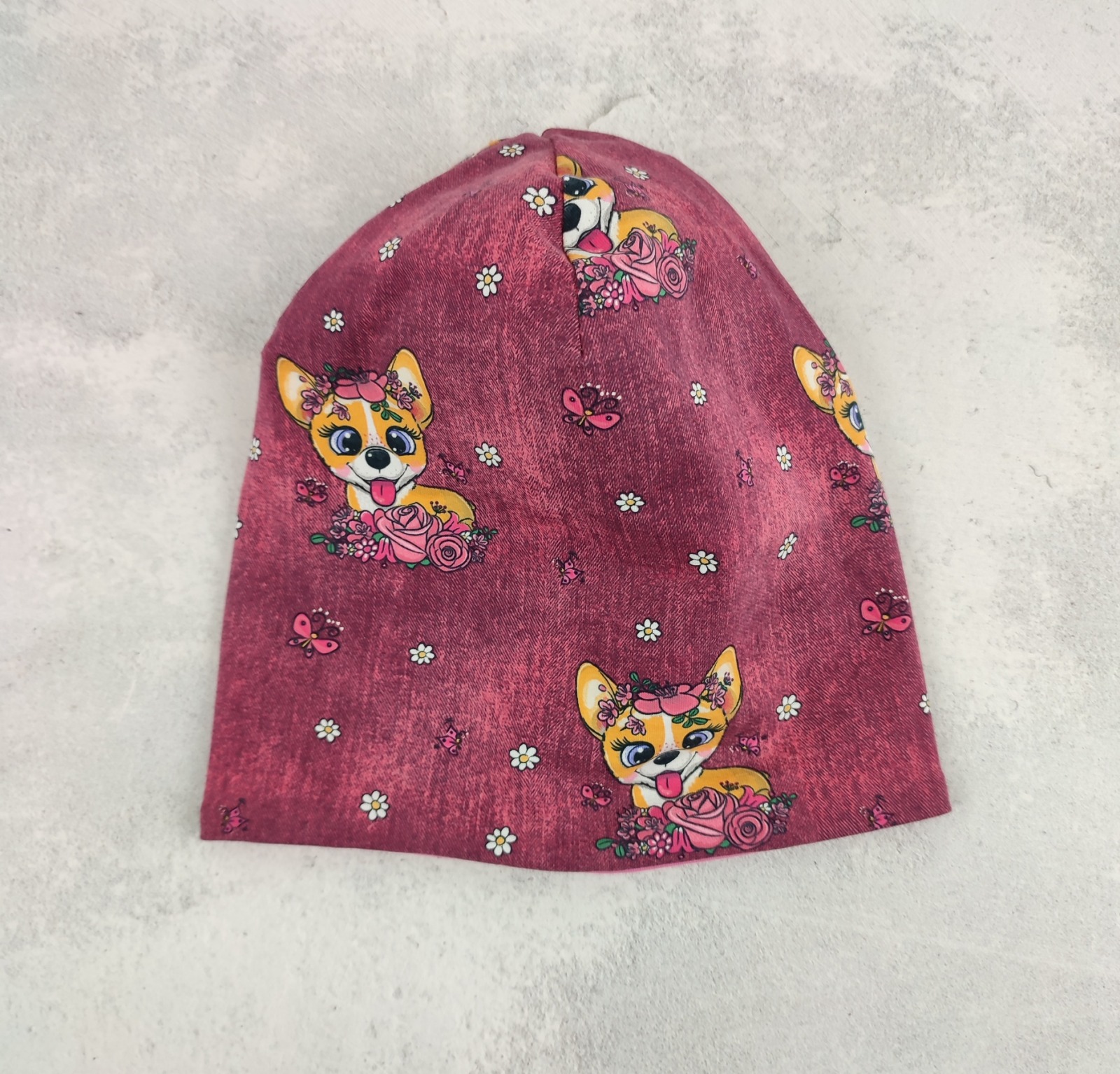 Beanie Mädchen Chihuahuas - Kindermütze aus Jersey in beere und pink mit Hunden und Blumen Größe