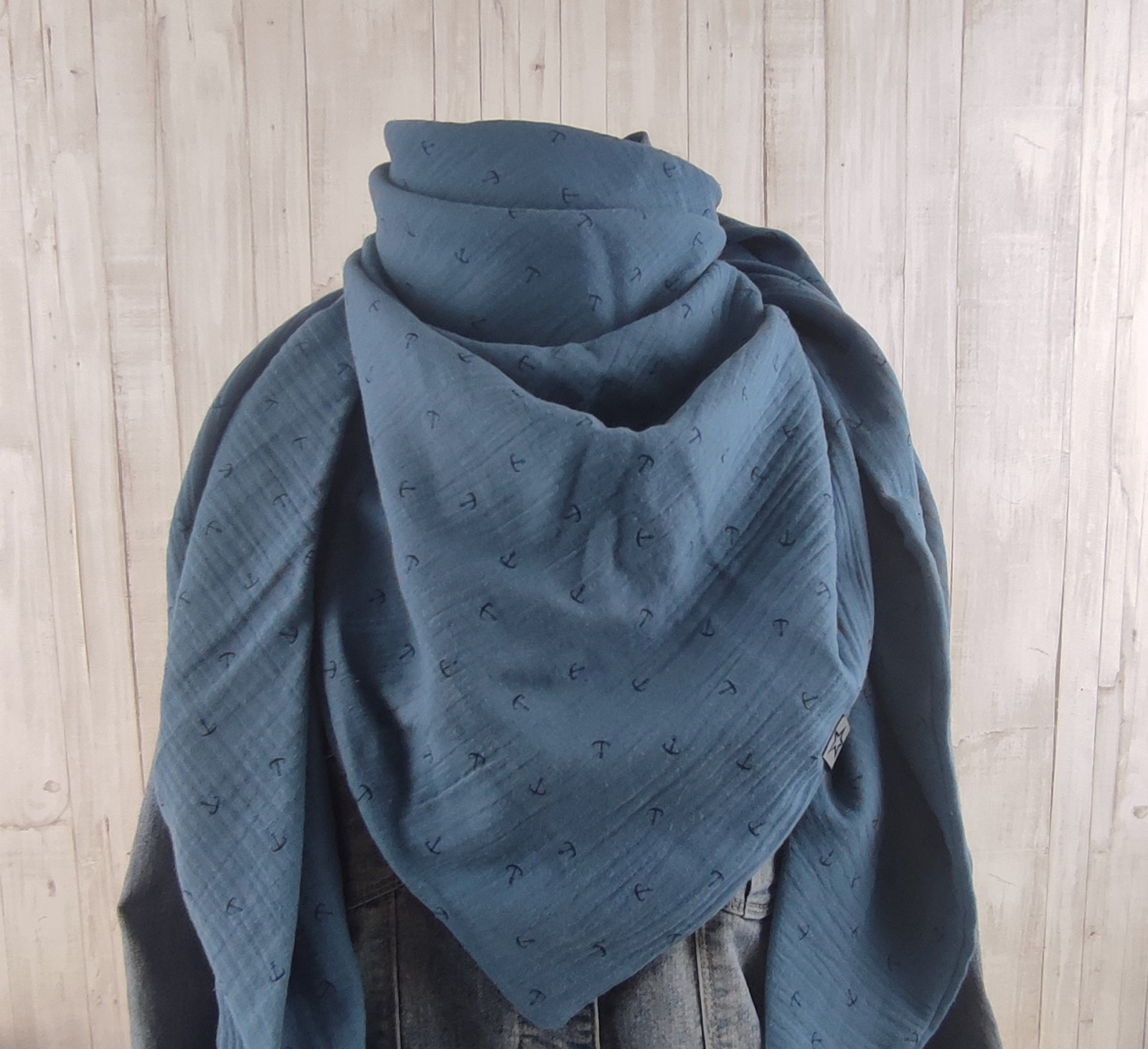Tuch Anker - Dreieckstuch Musselin Damen - Schal jeansblau mit Ankern in dunkelblau - XXL Tuch aus Baumwolle - Mamatuch