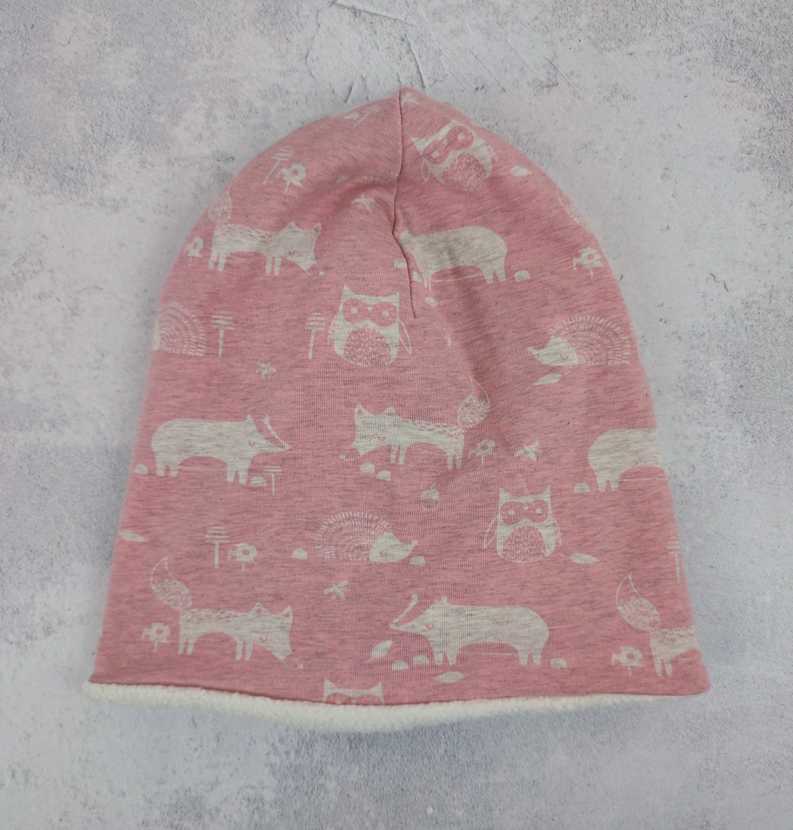 Beanie rosa meliert mit Tiermotiven in natur - Skandi Mütze für Kinder mit Fleece gefüttert