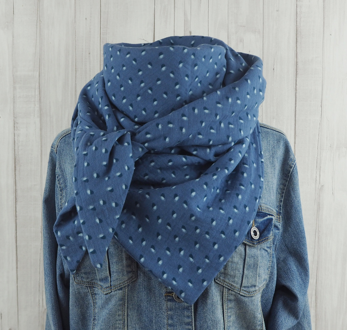 Tuch Dreieckstuch Musselin jeansblau mit Muster Schal für Damen XXL Tuch aus Baumwolle Mamatuch 3
