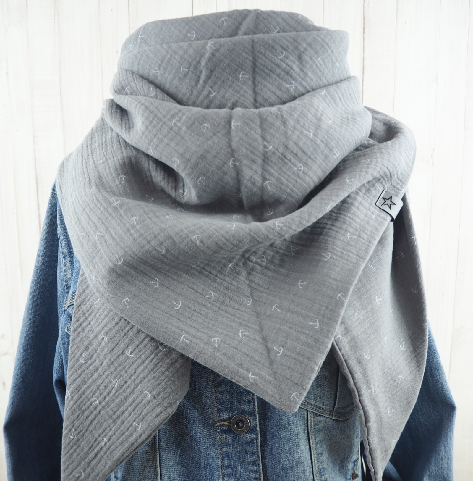 Tuch Anker - Dreieckstuch Musselin Damen - Schal grau mit Ankern in weiß - XXL Tuch aus Baumwolle -