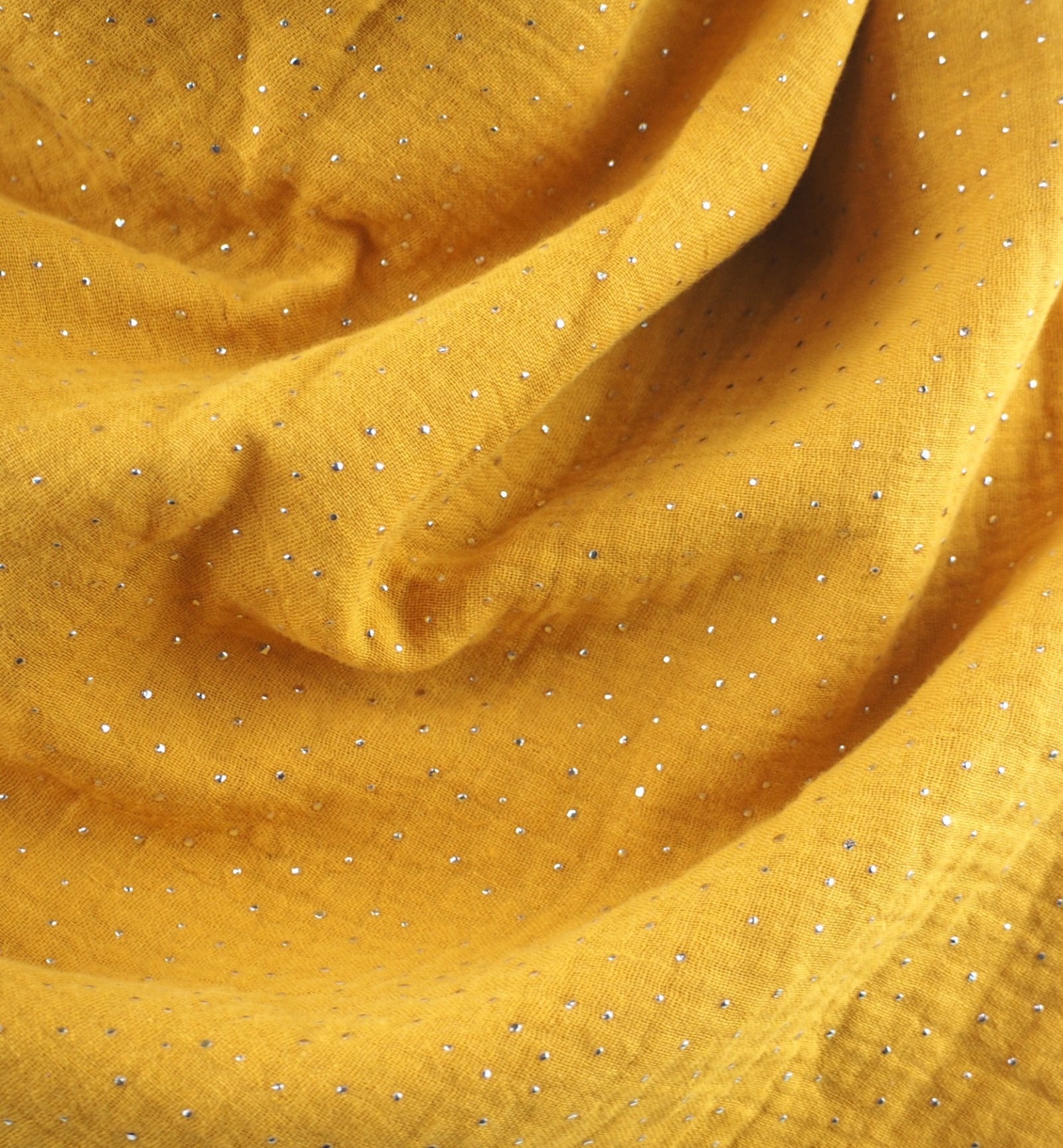 Tuch Dreieckstuch Musselin Damen Schal senfgelb mit silberfarbenen Punkten XXL Tuch aus Baumwolle