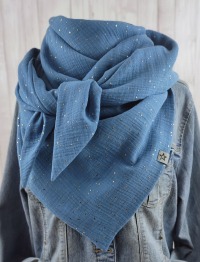 Tuch Dreieckstuch Musselin jeansblau mit Tupfen in gold, Schal für Damen, XXL Tuch aus Baumwolle,
