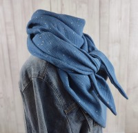 Tuch Dreieckstuch Musselin jeansblau mit Tupfen in gold, Schal für Damen, XXL Tuch aus Baumwolle,