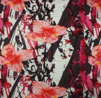 French Terry 17,96 EUR/m abstraktes Muster mit Hibiskusblüten - schwarz weiß pink - Stoffe